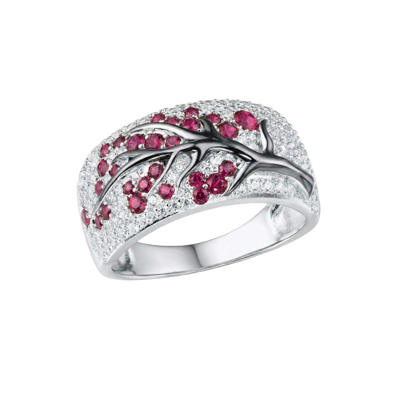 Rubiini Blossom Tree Sormus | Valkoinen Kulta