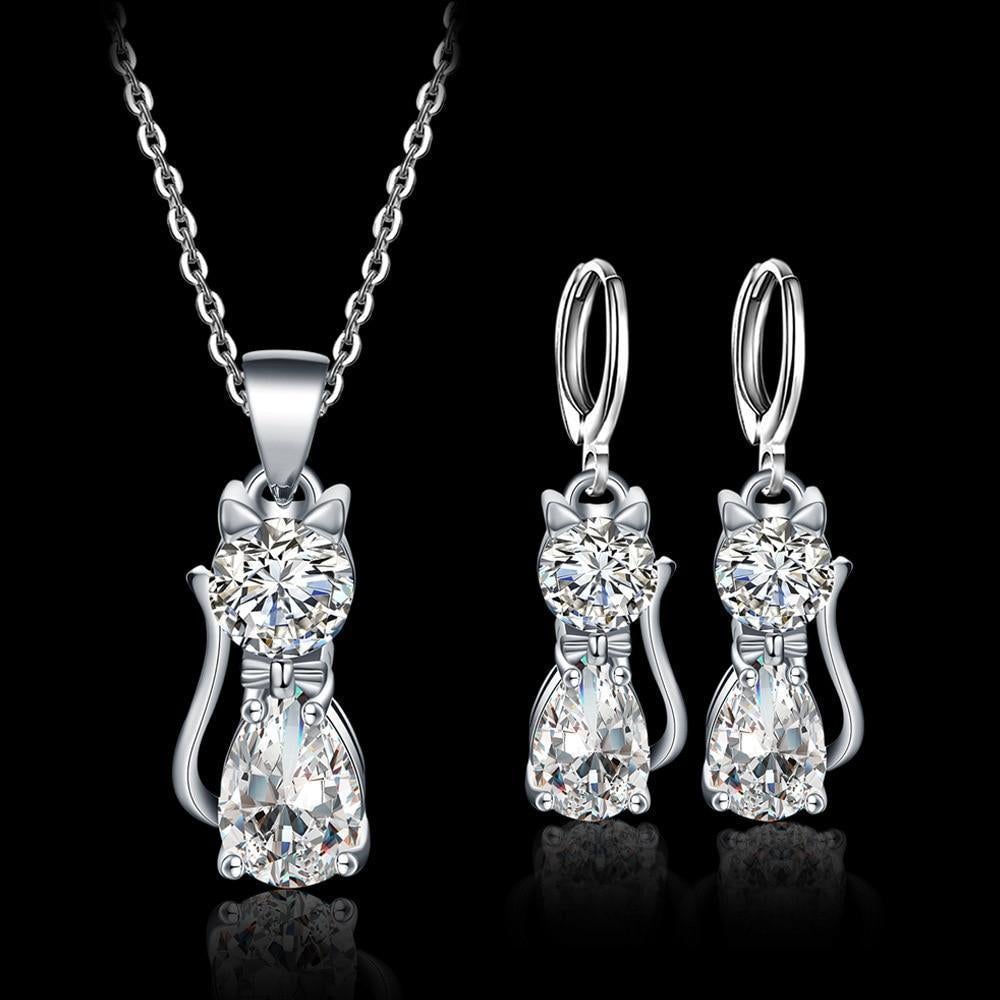 Setti Kaulakoru + Korvakorut Happy Cats in Sterling Hopea and Polished Valkoinen Zirconium