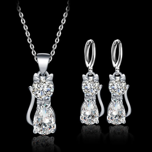 Setti Kaulakoru + Korvakorut Happy Cats in Sterling Hopea and Polished Valkoinen Zirconium